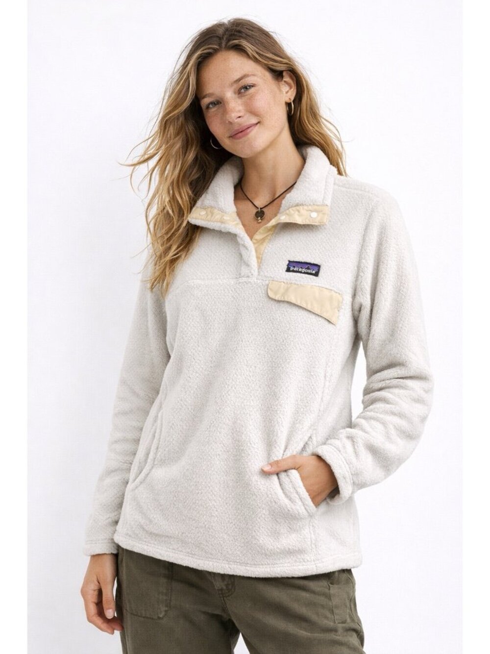 Patagonia Re Tool Snap T Fleece small Pullover Womens Raw Linen White athletic